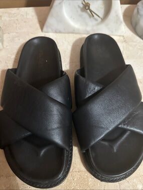 J/SLIDES Black Crisscross Leather Slide Sandals